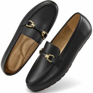 Women's Moccasins Loafers Black Leather Casual Pull On Round Toe Penny Shoes
